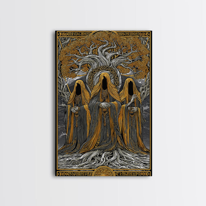 Norns of Yggdrasil Canvas Gold Art, Nordic Mythology Canvas Art featuring Fate and Destiny, Viking Wall Art framed in real wood