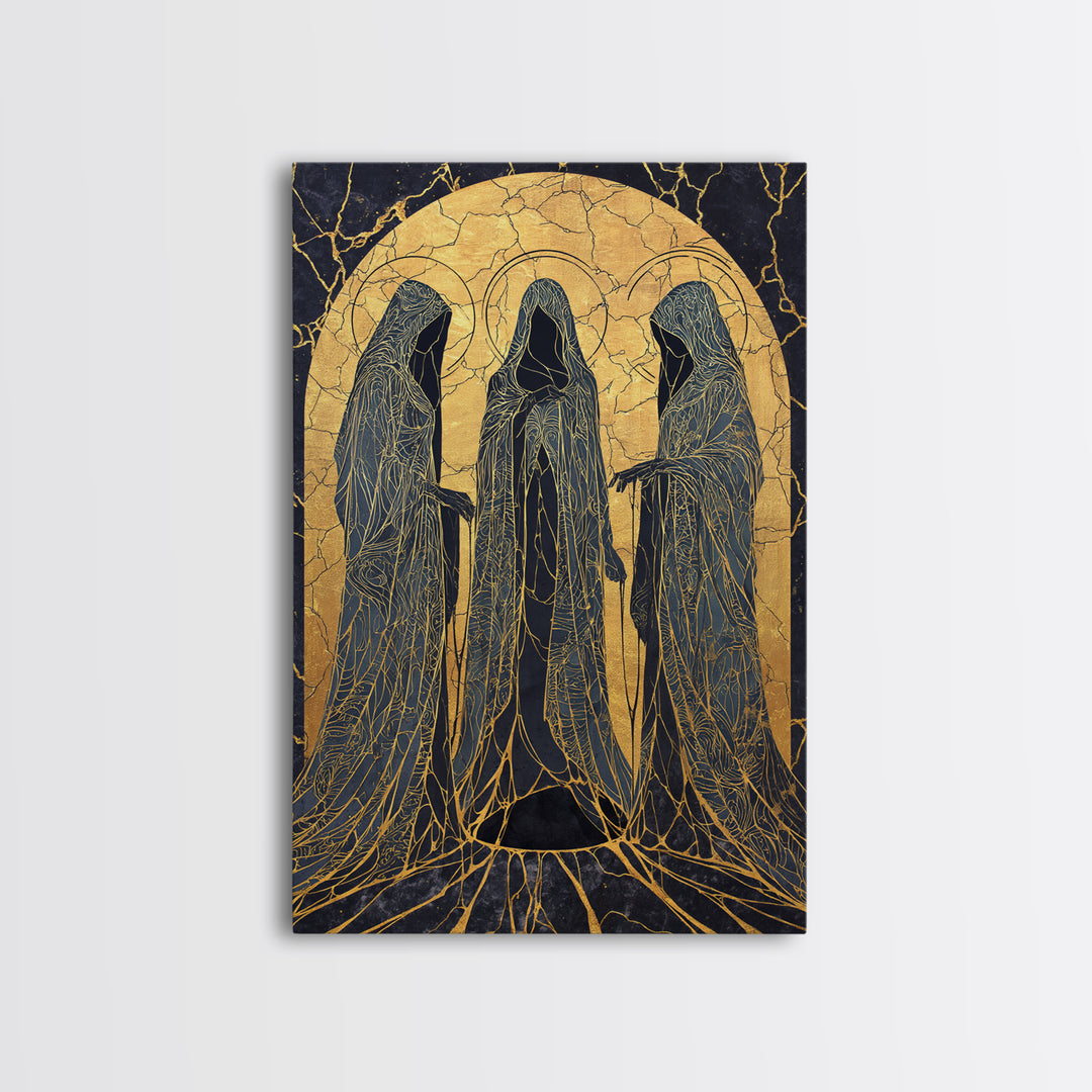 Canvas Gold Art of the Three Norns, Norse Mythology Canvas Art on Yggdrasil Roots, Viking Man Cave Decor in a natural wood frame