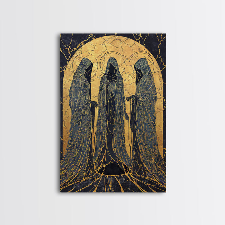 Canvas Gold Art of the Three Norns, Norse Mythology Canvas Art on Yggdrasil Roots, Viking Man Cave Decor in a natural wood frame