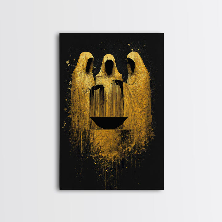 Viking Norns Canvas Gold Art, Nordic Mythology Canvas Art of Fate Goddesses around Sacred Well, Office Decor with natural wood frame