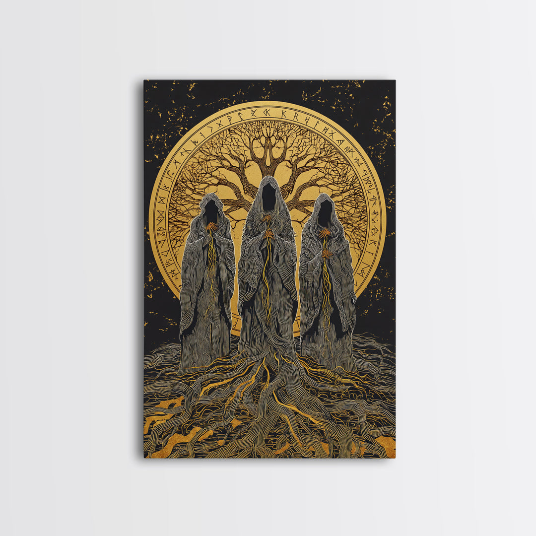 Norns Canvas Gold Art, Norse Mythology Canvas Art of Fate Weavers with Yggdrasil, Viking Office Decor beautifully framed in real wood