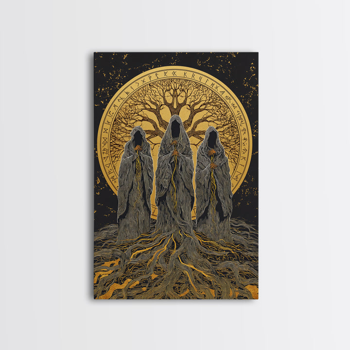 Norns Canvas Gold Art, Norse Mythology Canvas Art of Fate Weavers with Yggdrasil, Viking Office Decor beautifully framed in real wood