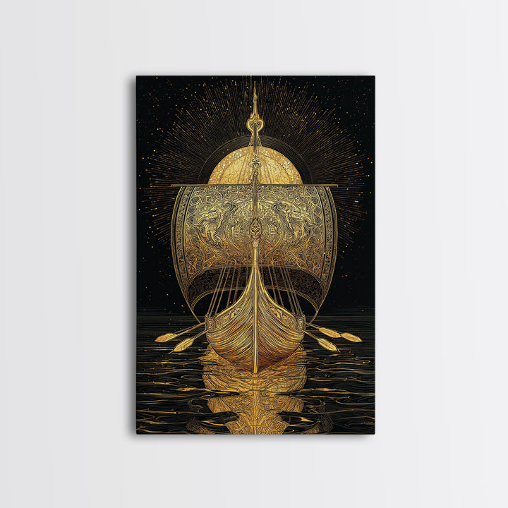 Viking Ship Canvas Gold Art Canvas Art Norse Longboat Wall Decor for Man Cave or Office, framed in natural wood