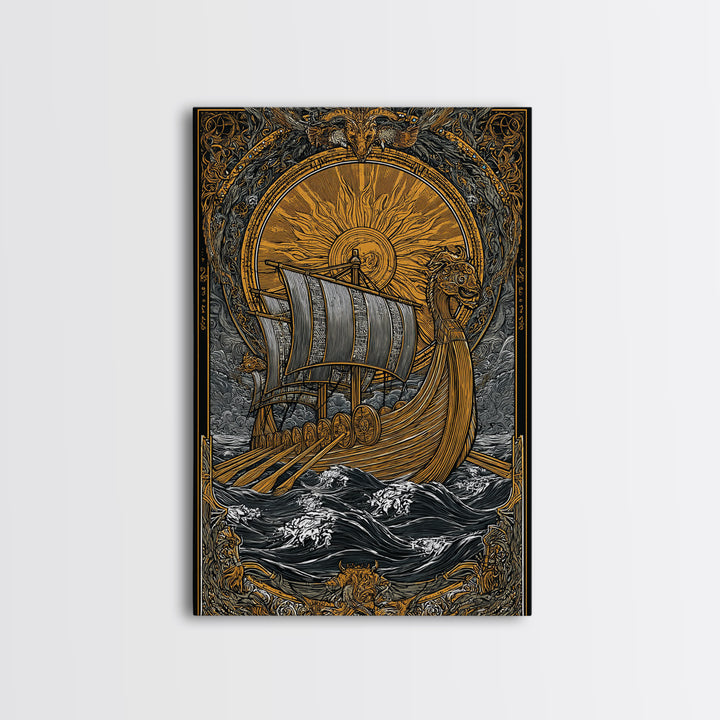 Nordic Sun Viking Ship Canvas Gold Art Canvas Art Norse Mythology Wall Art for Men’s Office or Dad Gift with wood frame