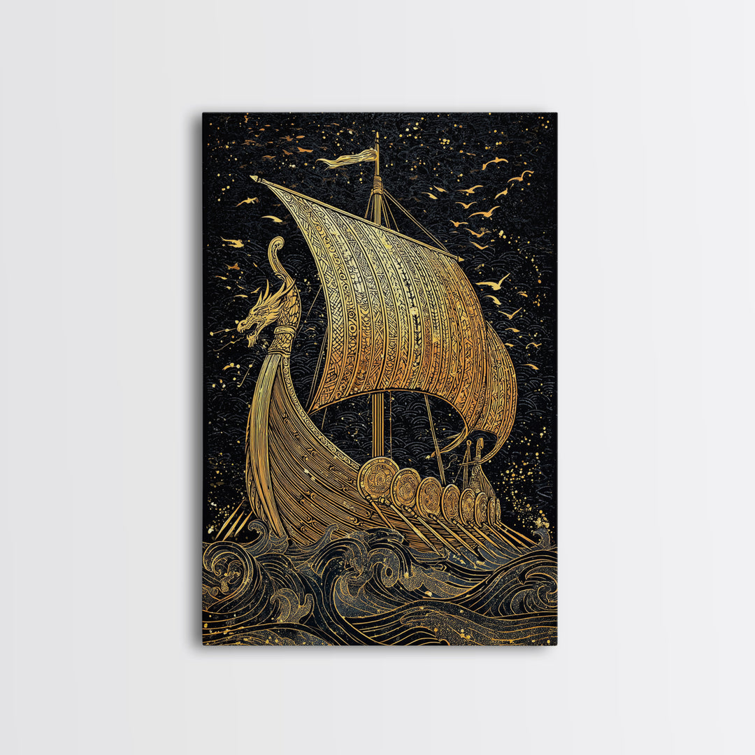 Dragon Head Viking Longship Canvas Gold Art Canvas Art Norse Decor for Man Cave, Office Wall Art framed in real wood