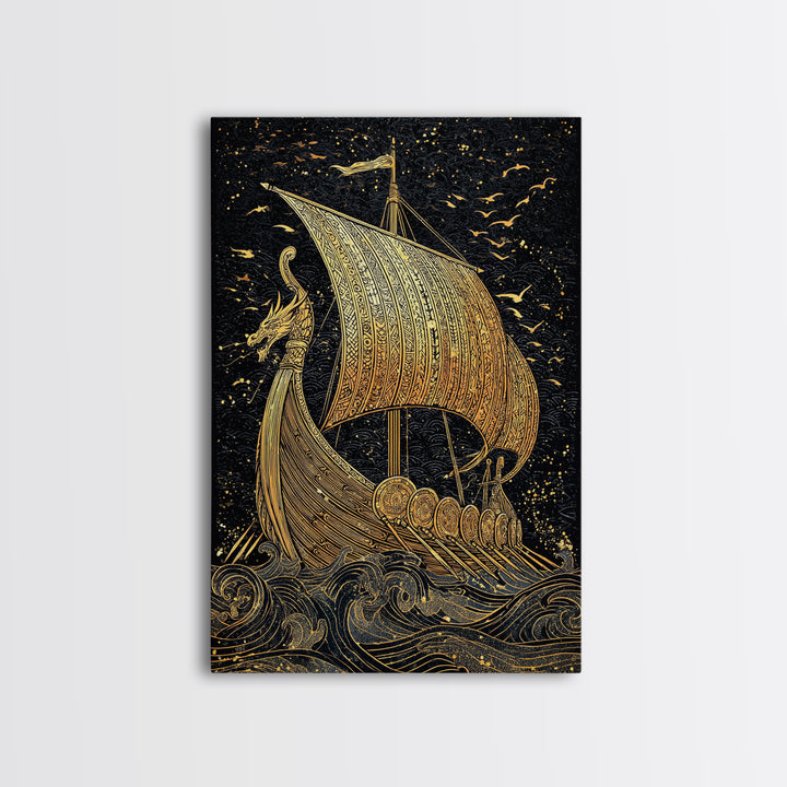 Dragon Head Viking Longship Canvas Gold Art Canvas Art Norse Decor for Man Cave, Office Wall Art framed in real wood