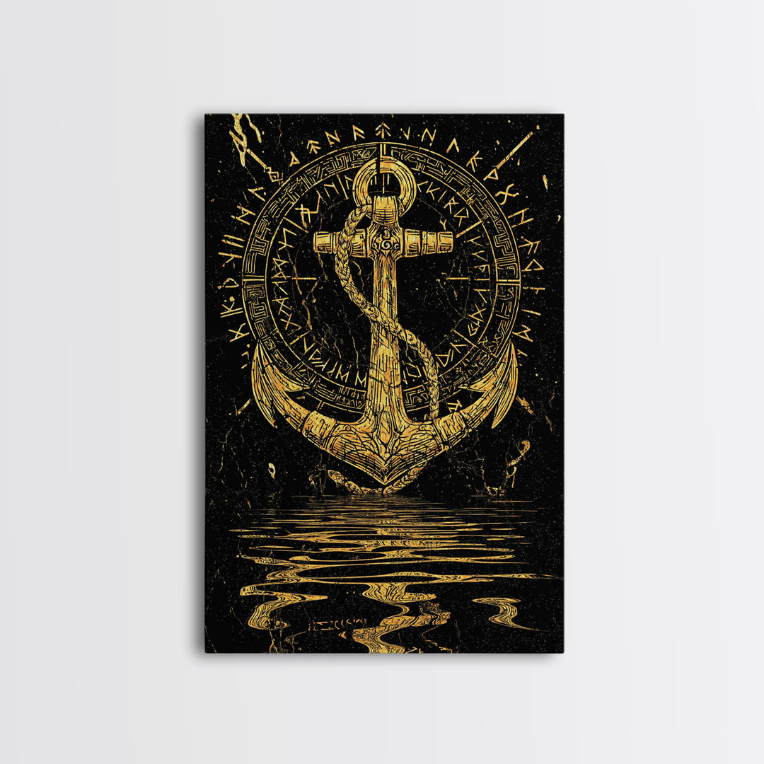 Runic Anchor Canvas Gold Art Canvas Art Norse Mythology Wall Decor for Men’s Office or Man Cave, framed with natural wood