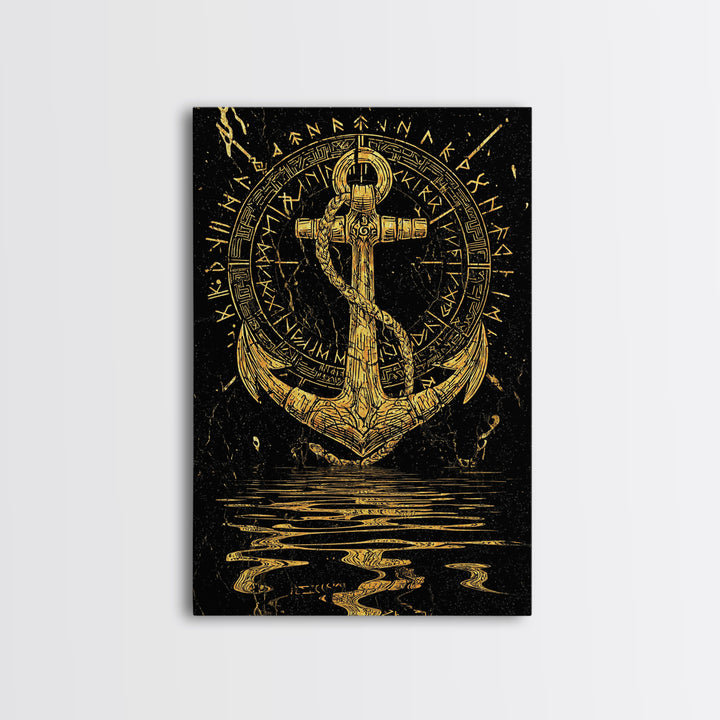 Runic Anchor Canvas Gold Art Canvas Art Norse Mythology Wall Decor for Men’s Office or Man Cave, framed with natural wood