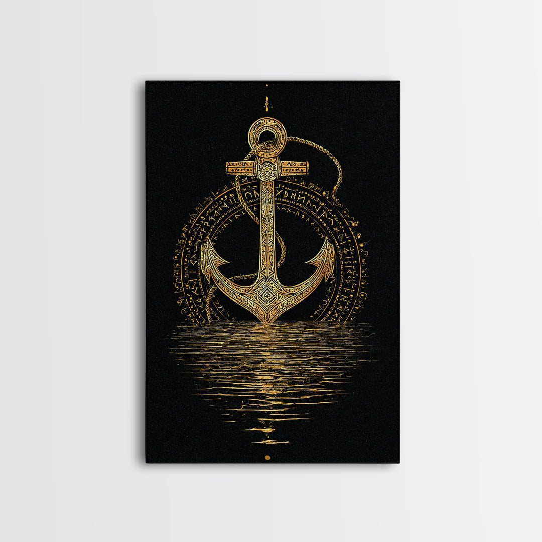 Norse Anchor with Runes Canvas Gold Art Canvas Art Viking Decor for Dad Gift or Office Wall, framed in real wood design