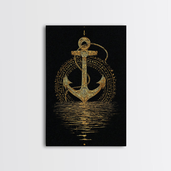 Norse Anchor with Runes Canvas Gold Art Canvas Art Viking Decor for Dad Gift or Office Wall, framed in real wood design