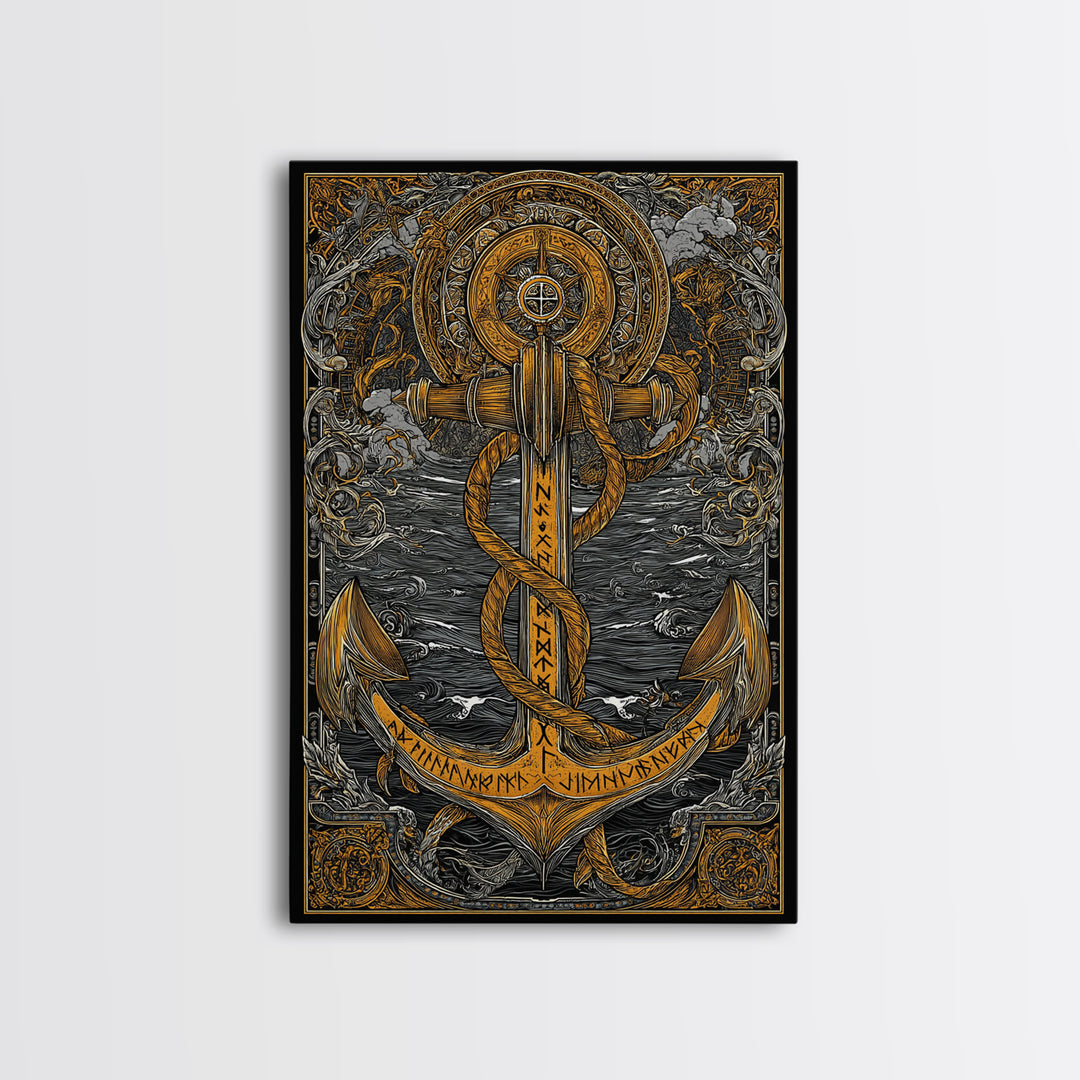 Viking Anchor Canvas Gold Art Canvas Art Nordic Mythology Wall Art for Man Cave, Office Decor with handcrafted wood frame