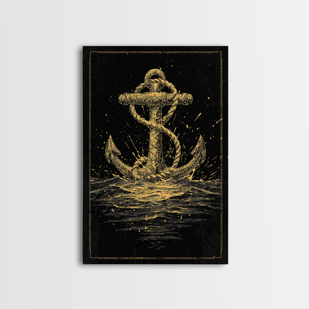 Nordic Anchor Canvas Gold Art Canvas Art Norse Mythology Decor for Office, Man Cave or Dad Gift, framed in real wood