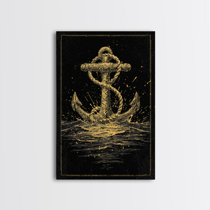 Nordic Anchor Canvas Gold Art Canvas Art Norse Mythology Decor for Office, Man Cave or Dad Gift, framed in real wood