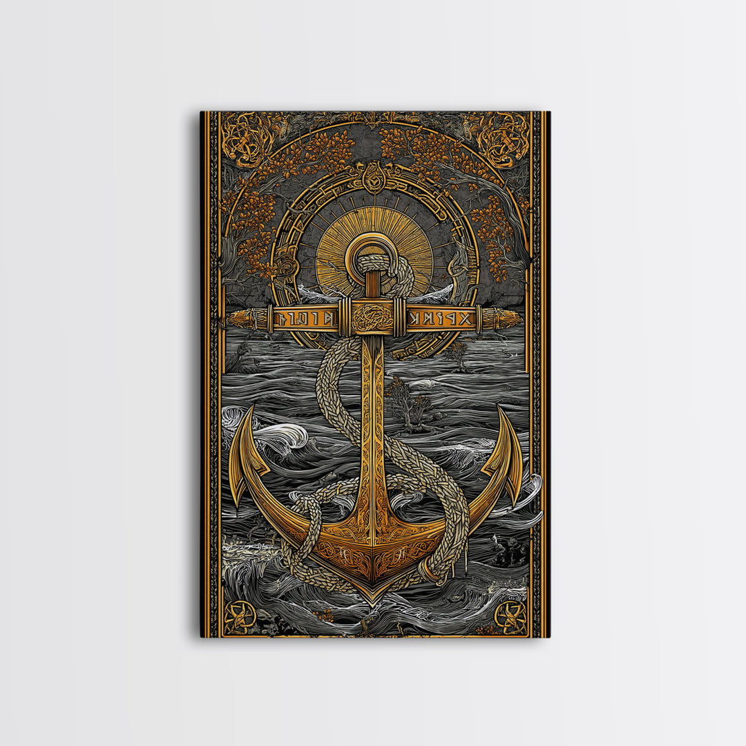 Norse Anchor Wall Art Canvas Gold Art Canvas Art with Runes Viking Decor for Men’s Office or Man Cave framed in wood