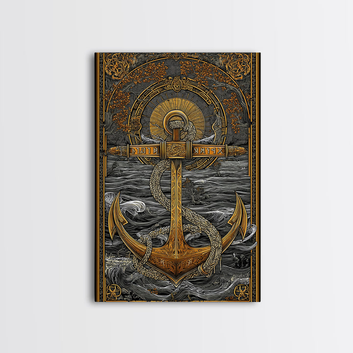 Norse Anchor Wall Art Canvas Gold Art Canvas Art with Runes Viking Decor for Men’s Office or Man Cave framed in wood