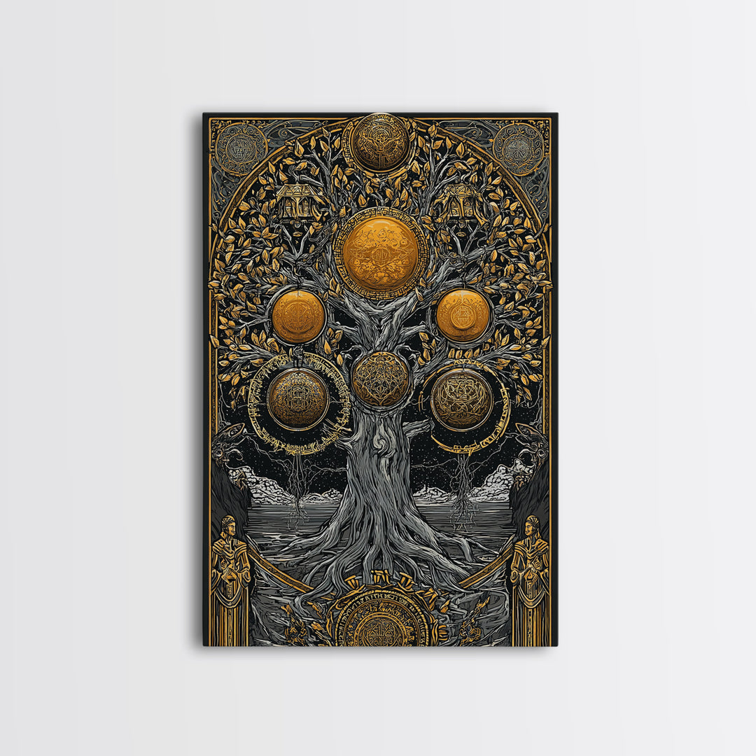 Yggdrasil Norse Tree of Life Canvas Gold Art Canvas Art with Runes Nordic Mythology Wall Decor for Office framed in wood