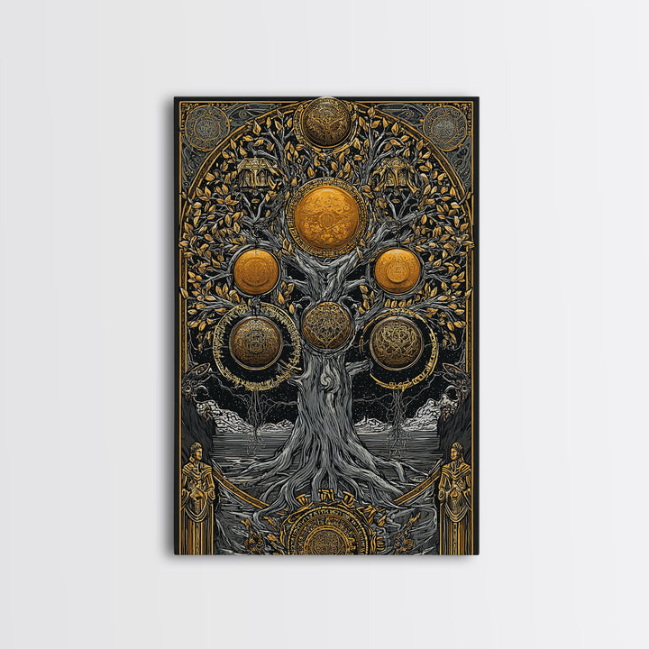 Yggdrasil Norse Tree of Life Canvas Gold Art Canvas Art with Runes Nordic Mythology Wall Decor for Office framed in wood