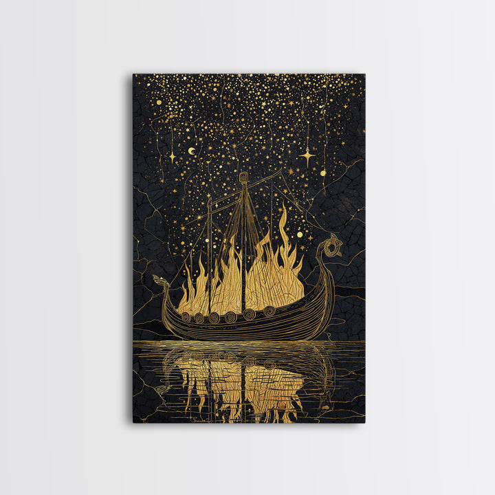 Norse Burial Ship Canvas Gold Art Canvas Art – Viking Funeral Boat Wall Decor, Man Cave Office Artwork framed in real natural wood