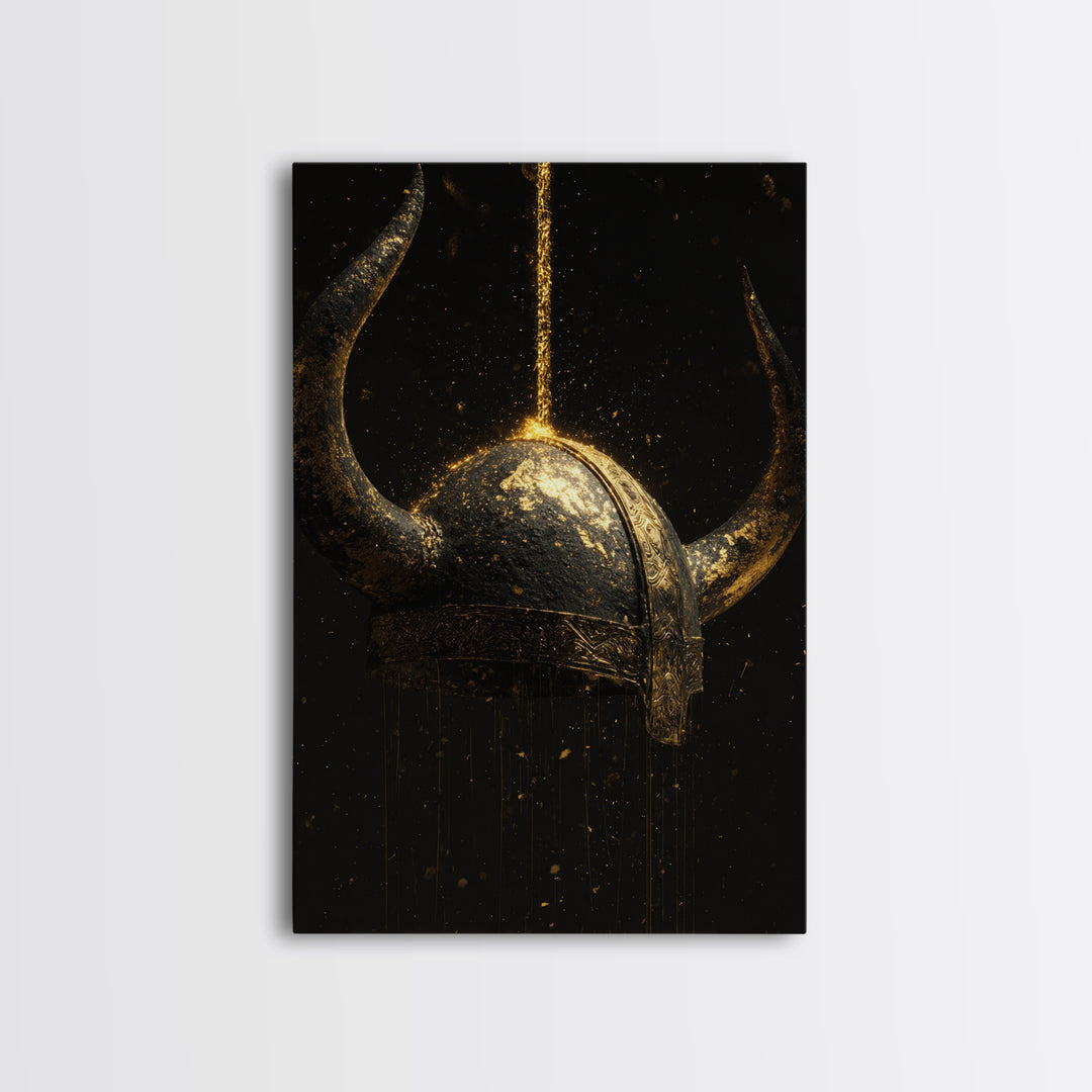 Viking Horned Helmet Canvas Gold Art Canvas Art – Nordic Mythology Man Cave Decor, Bold Office Art framed in genuine real wood