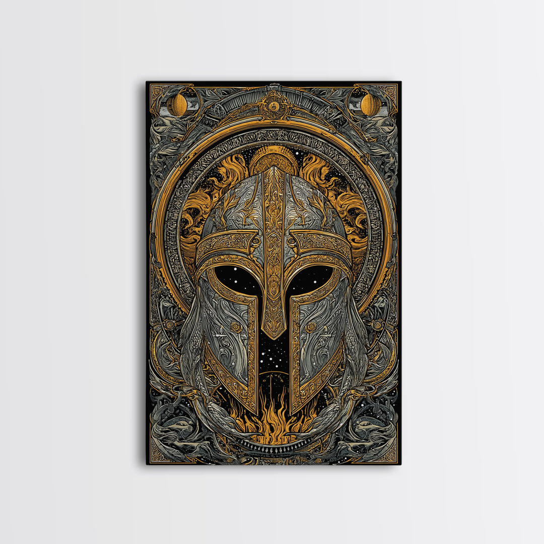Canvas Gold Art Norse Warrior Helmet Canvas Art – Nordic Mythology Office Wall Decor, Viking Dad Gift framed with authentic wood