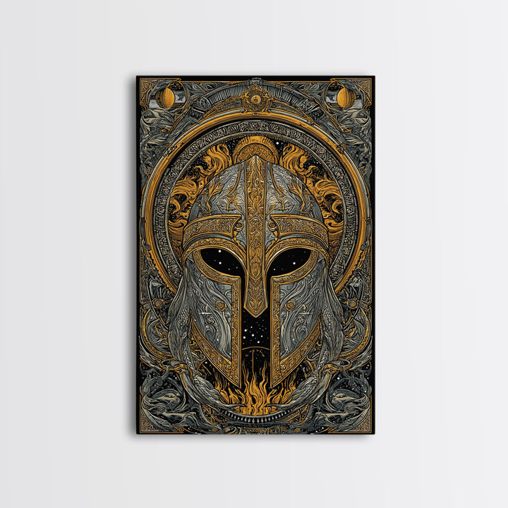 Canvas Gold Art Norse Warrior Helmet Canvas Art – Nordic Mythology Office Wall Decor, Viking Dad Gift framed with authentic wood