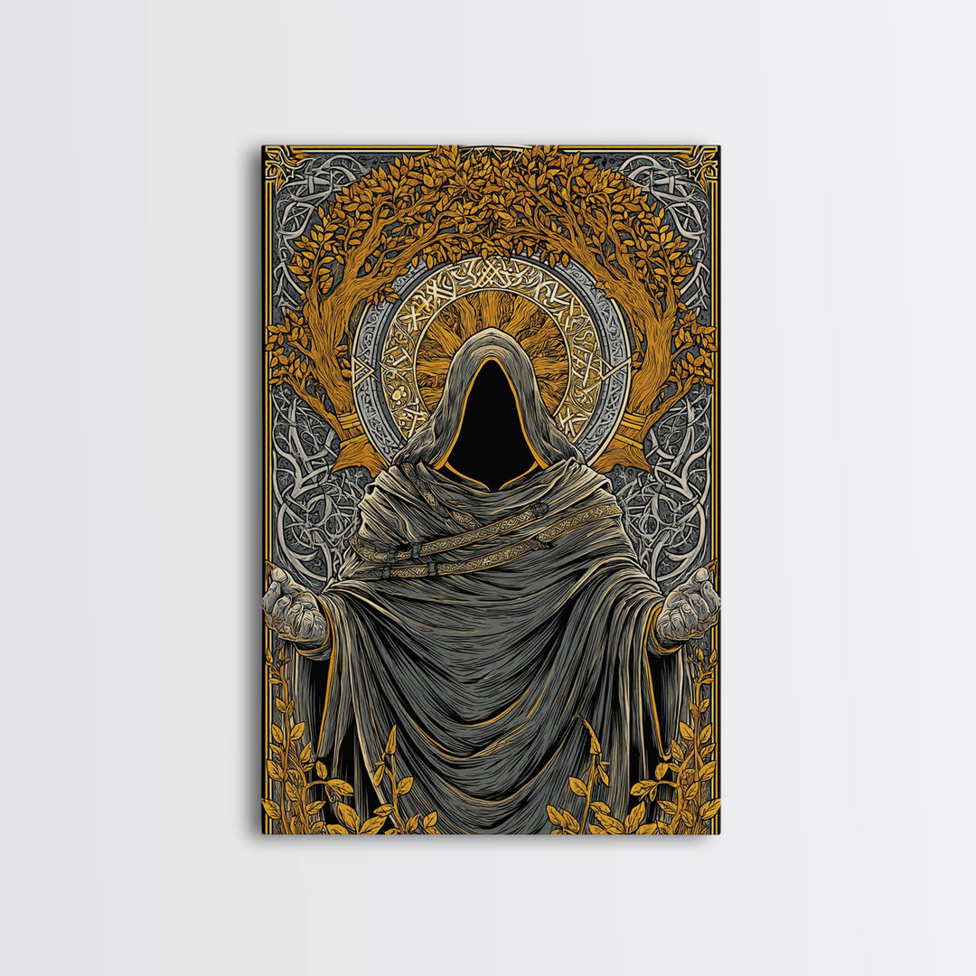 Canvas Gold Art Norse Ritual Hooded Figure Canvas Art – Viking Seer Man Cave Office Decor, Nordic Myth Gift framed with real wood