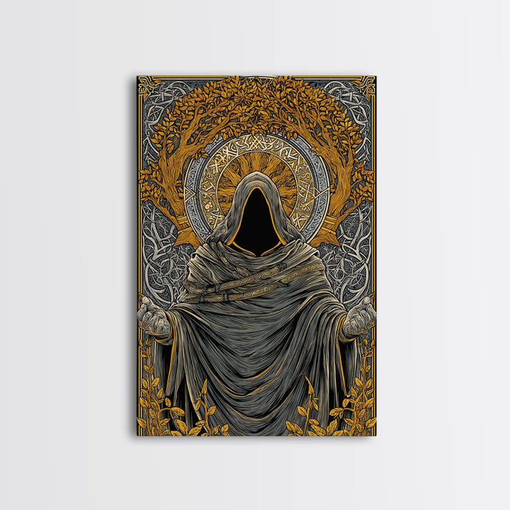 Canvas Gold Art Norse Ritual Hooded Figure Canvas Art – Viking Seer Man Cave Office Decor, Nordic Myth Gift framed with real wood