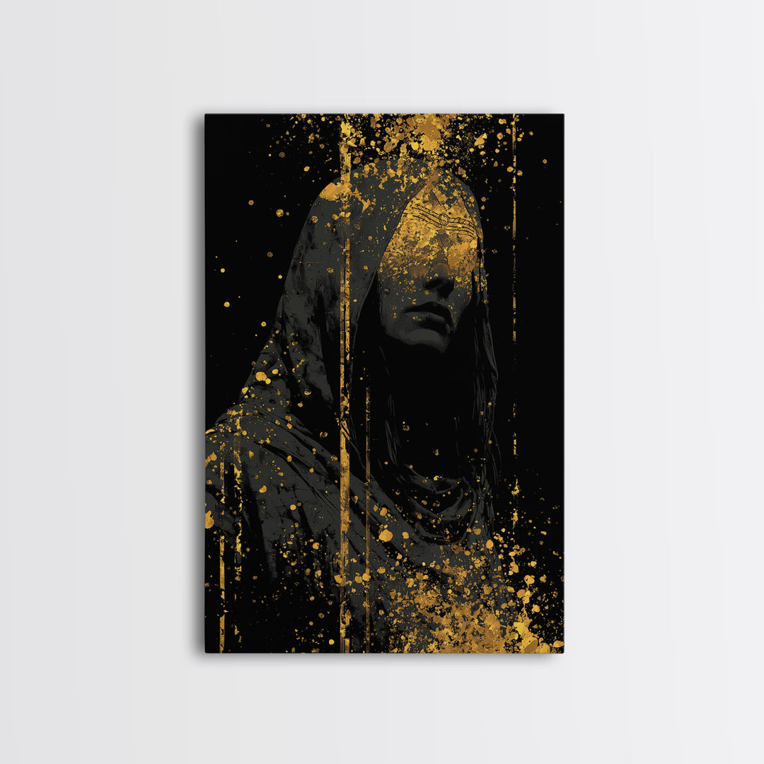 Nordic Hooded Seer Canvas Gold Art Canvas Art – Norse Mythology Office Wall Art, Mystic Viking Decor in handcrafted wood frame