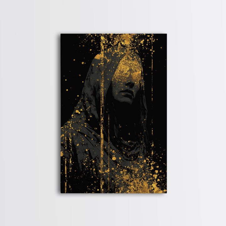 Nordic Hooded Seer Canvas Gold Art Canvas Art – Norse Mythology Office Wall Art, Mystic Viking Decor in handcrafted wood frame