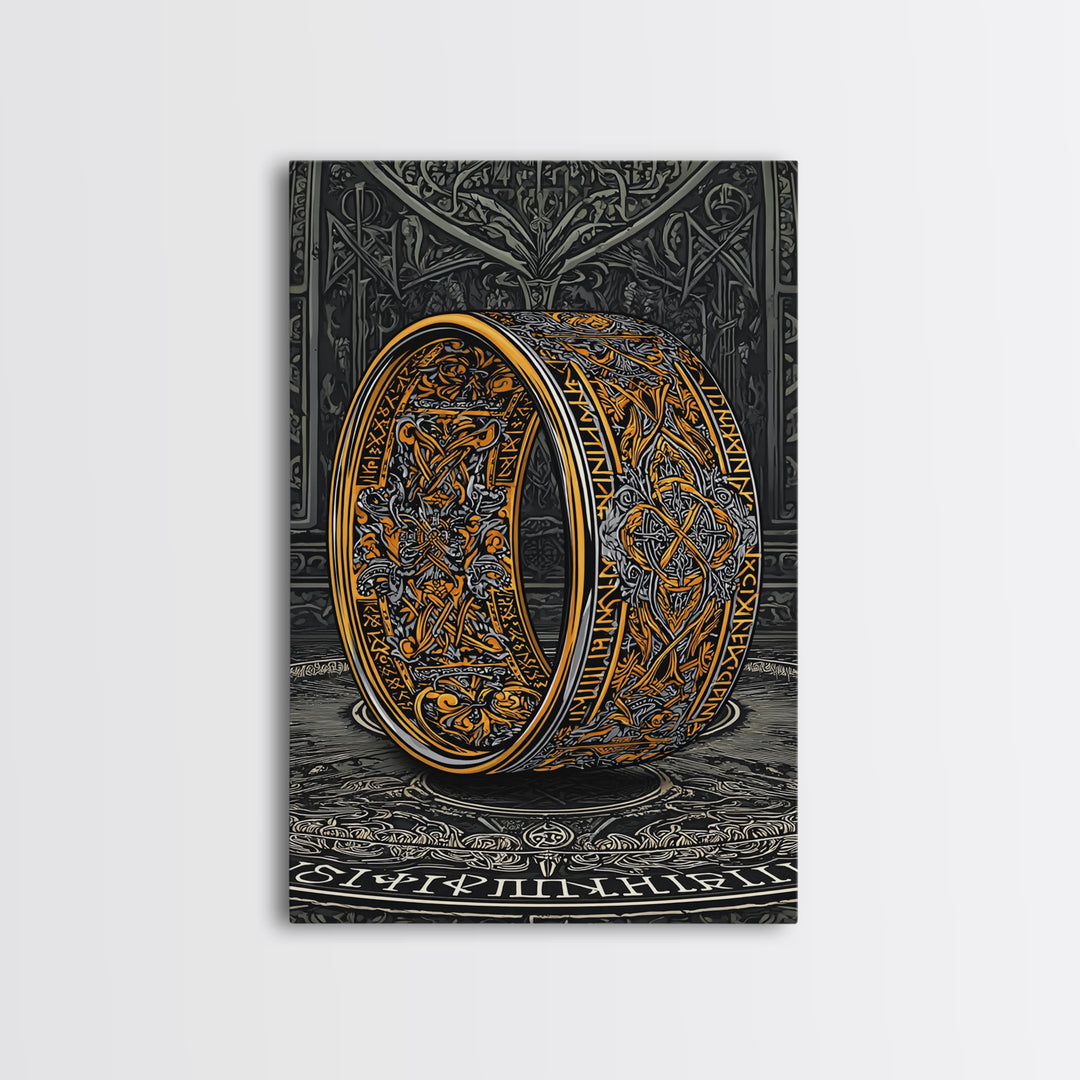 Canvas Gold Art Ornate Norse Ring Canvas Art – Nordic Mythology Viking Jewelry Wall Art, Unique Dad Gift framed with natural wood
