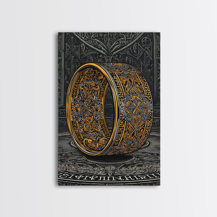 Canvas Gold Art Ornate Norse Ring Canvas Art – Nordic Mythology Viking Jewelry Wall Art, Unique Dad Gift framed with natural wood
