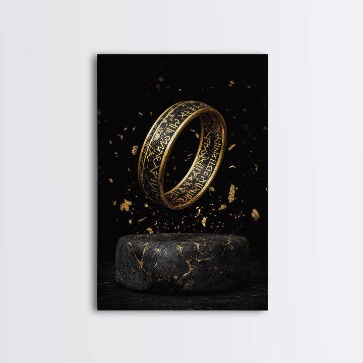 Viking Rune Ring Canvas Gold Art Canvas Art – Nordic Mythology Office Wall Art, Norse Man Cave Decor with handcrafted real wood frame
