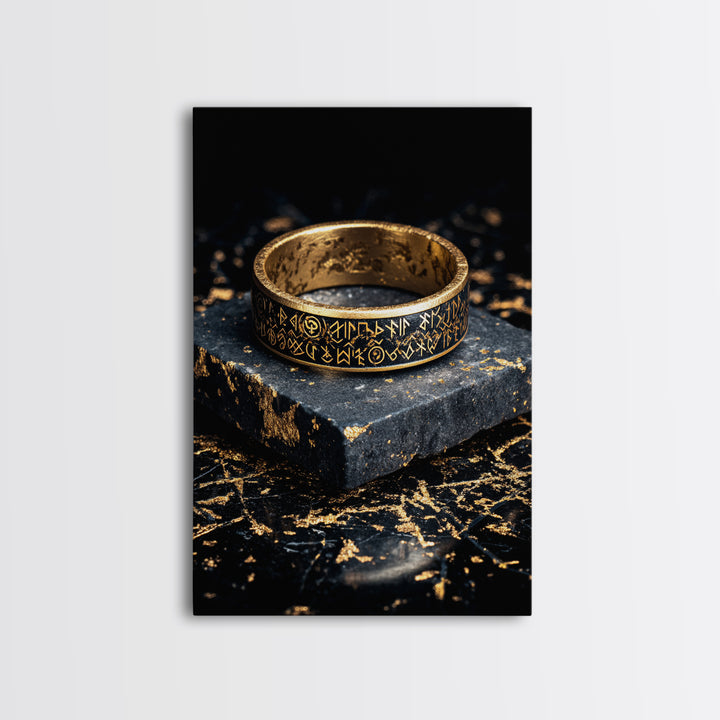 Norse Rune Ring Canvas Gold Art Canvas Art – Viking Jewelry Inspired Office Wall Art, Nordic Man Cave Decor framed in wood frame