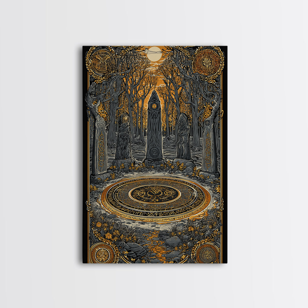 Nordic Ritual Circle Canvas Gold Art, Viking Pagan Canvas Art for Man Cave or Office, framed in natural wood for bold decor