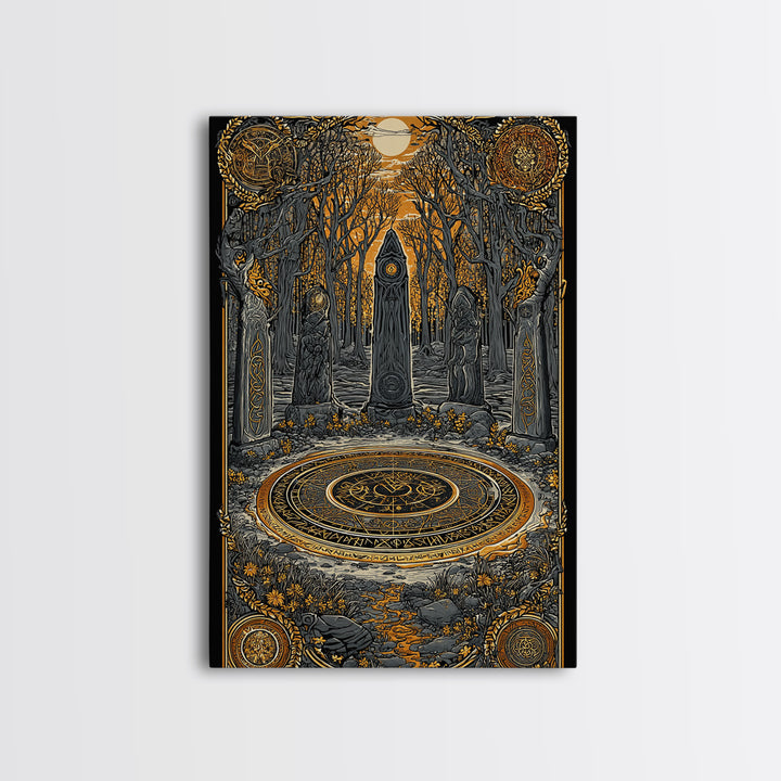 Nordic Ritual Circle Canvas Gold Art, Viking Pagan Canvas Art for Man Cave or Office, framed in natural wood for bold decor