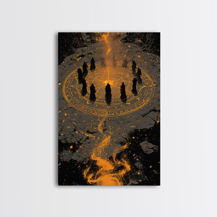 Mystical Norse Ritual Gathering Canvas Gold Art, Viking Pagan Canvas Art Wall Hanging with real wood frame, Dad Gift or Office Art