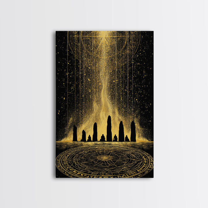 Canvas Gold Art Norse Ritual Stone Circle Canvas Art – Viking Ceremony Wall Art, Nordic Office Decor for Men framed in natural wood