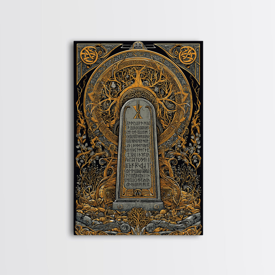 Runestone Engraved with Ancient Runes Canvas Gold Art, Nordic Mythology Canvas Art framed in real wood, Man Cave or Office Decor