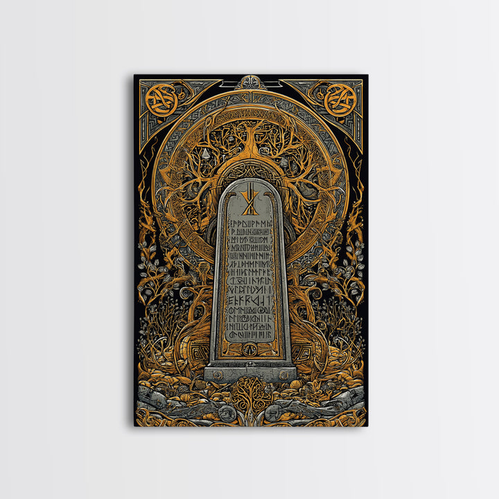 Runestone Engraved with Ancient Runes Canvas Gold Art, Nordic Mythology Canvas Art framed in real wood, Man Cave or Office Decor
