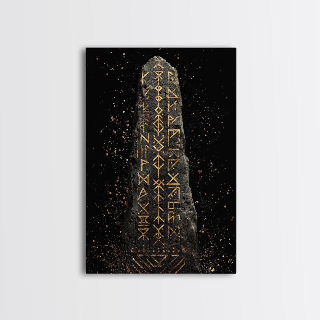 Golden Norse Rune Stone Canvas Gold Art, Mythology Inspired Viking Canvas Art framed in real wood, Office Art or Man Cave Accent