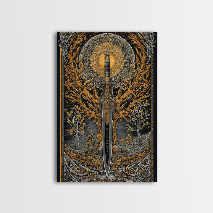 Viking Spear and Sacred Sun Canvas Gold Art, Nordic Weapon Canvas Art framed in natural wood, Bold Man Cave Decor or Office Wall Art