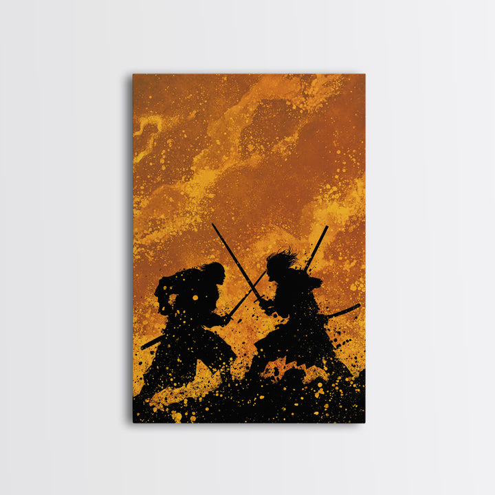 Viking Army Fight Scene Canvas Gold Art, Nordic Mythology Battle Canvas Art framed in natural wood, Bold Wall Decor for Men