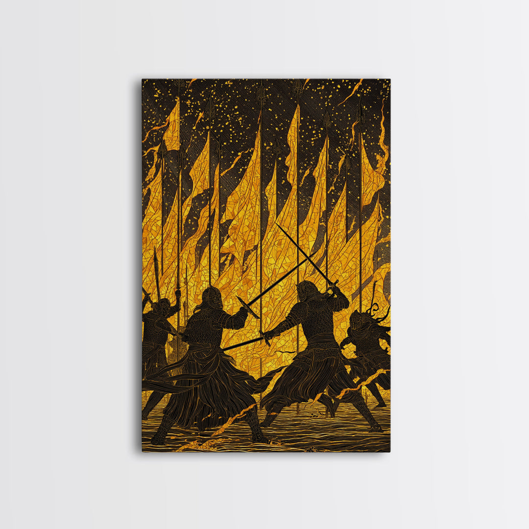 Warriors Clash in Fiery Nordic Battle Canvas Gold Art, Viking Combat Canvas Art framed with real wood, Man Cave Office Wall Accent