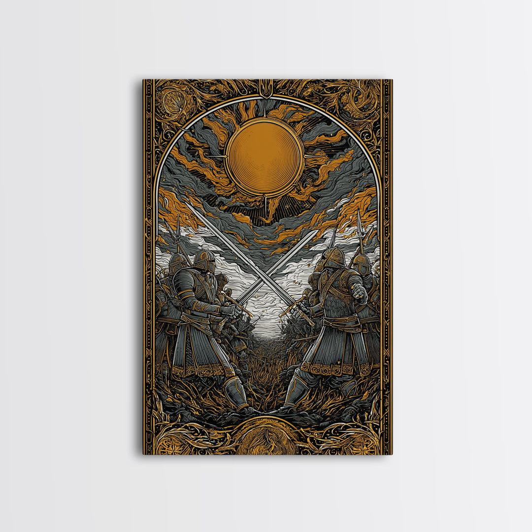 Nordic Mythology Battlefield Canvas Gold Art, Viking Warriors Canvas Art with natural wood frame, Strong Office Decor or Dad Gift
