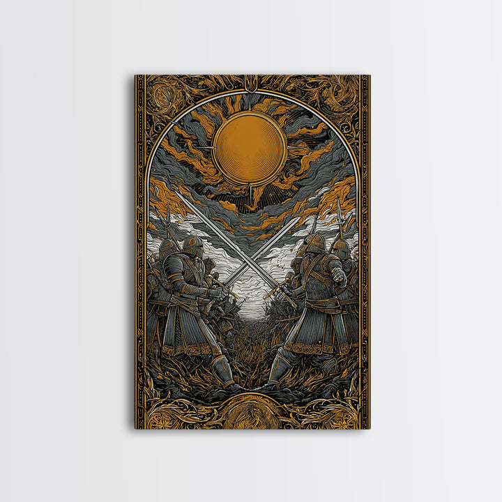 Nordic Mythology Battlefield Canvas Gold Art, Viking Warriors Canvas Art with natural wood frame, Strong Office Decor or Dad Gift