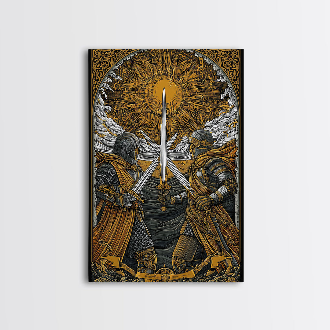 Norse Warriors in Battle Canvas Gold Art, Viking Canvas Art with real wood frame, Perfect for Man Cave, Office Wall Art, or Dad Gift