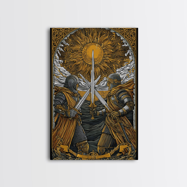 Norse Warriors in Battle Canvas Gold Art, Viking Canvas Art with real wood frame, Perfect for Man Cave, Office Wall Art, or Dad Gift