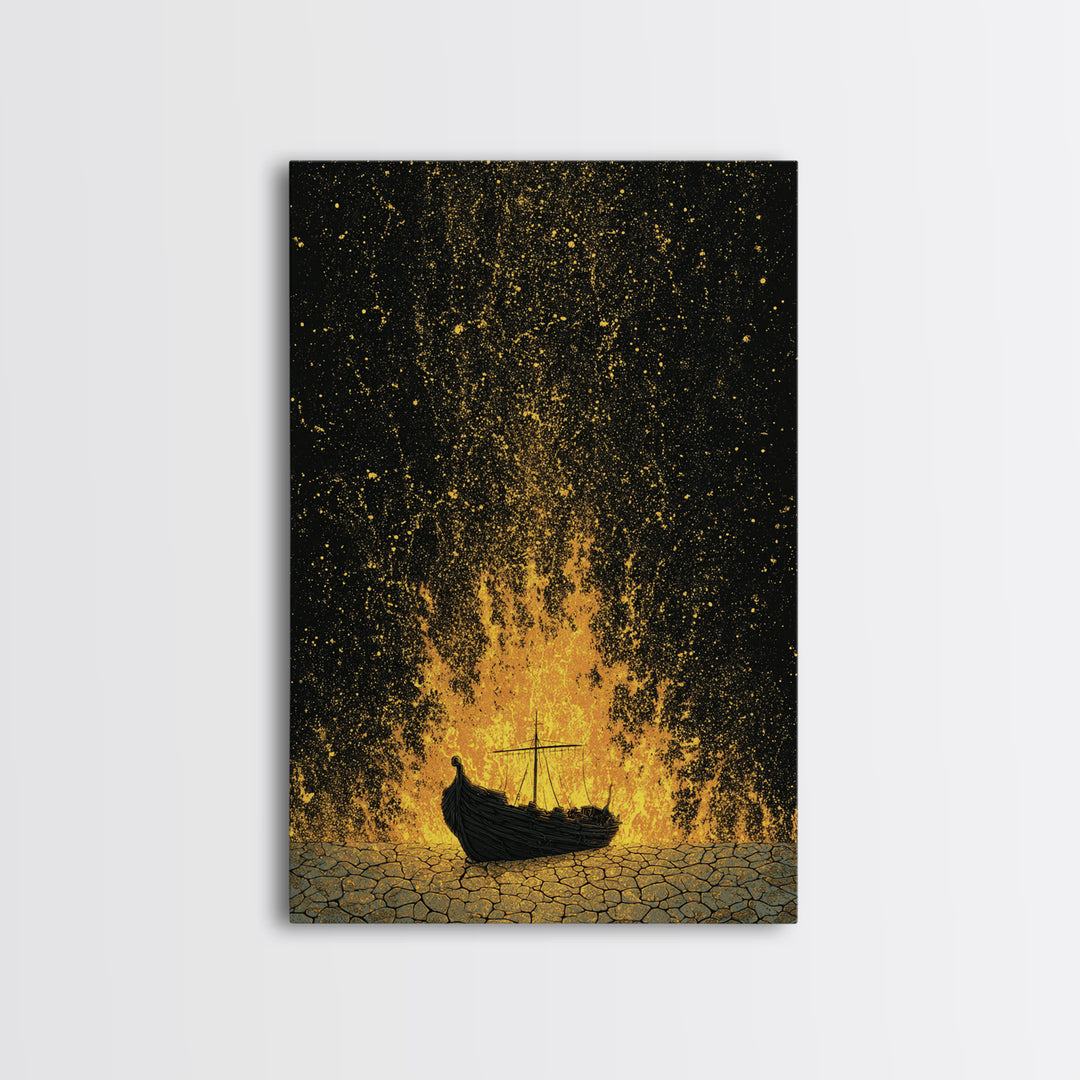 Viking Funeral Ship Canvas Gold Art Canvas Art Norse Burial Scene Wall Decor for Man Cave or Office, framed in real wood
