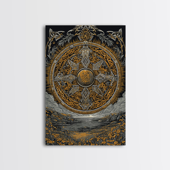 Vegvisir Compass Canvas Gold Art, Norse Mythology Canvas Art of Viking Symbol for Guidance, Man Cave or Office Decor framed in real wood