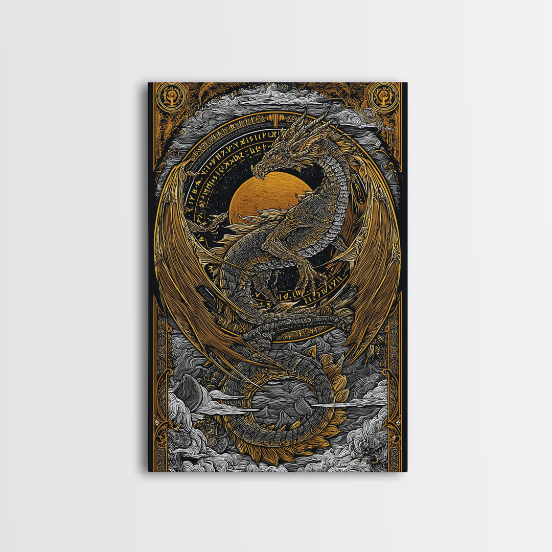 Canvas Gold Art of Jörmungandr Norse Dragon, Viking Myth Canvas Art framed in real wood, Nordic decor perfect for office or study